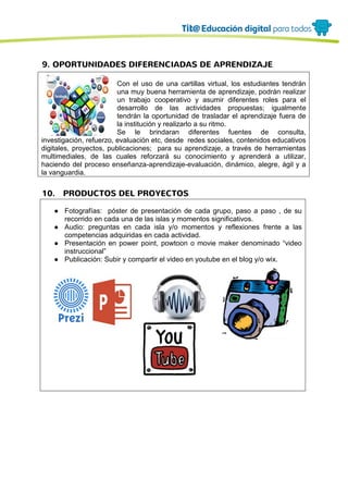 9. OPORTUNIDADES DIFERENCIADAS DE APRENDIZAJE
Con el uso de una cartillas virtual, los estudiantes tendrán
una muy buena herramienta de aprendizaje, podrán realizar
un trabajo cooperativo y asumir diferentes roles para el
desarrollo de las actividades propuestas; igualmente
tendrán la oportunidad de trasladar el aprendizaje fuera de
la institución y realizarlo a su ritmo.
Se le brindaran diferentes fuentes de consulta,
investigación, refuerzo, evaluación etc, desde redes sociales, contenidos educativos
digitales, proyectos, publicaciones; para su aprendizaje, a través de herramientas
multimediales, de las cuales reforzará su conocimiento y aprenderá a utilizar,
haciendo del proceso enseñanza-aprendizaje-evaluación, dinámico, alegre, ágil y a
la vanguardia.
10. PRODUCTOS DEL PROYECTOS
● Fotografías: póster de presentación de cada grupo, paso a paso , de su
recorrido en cada una de las islas y momentos significativos.
● Audio: preguntas en cada isla y/o momentos y reflexiones frente a las
competencias adquiridas en cada actividad.
● Presentación en power point, powtoon o movie maker denominado “video
instruccional”
● Publicación: Subir y compartir el video en youtube en el blog y/o wix.
 