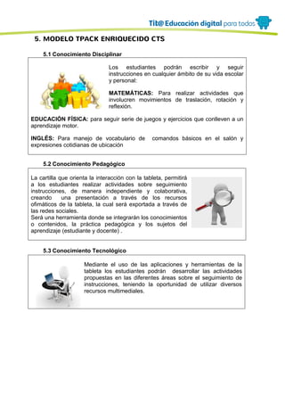 5. MODELO TPACK ENRIQUECIDO CTS
5.1 Conocimiento Disciplinar
Los estudiantes podrán escribir y seguir
instrucciones en cualquier ámbito de su vida escolar
y personal:
MATEMÁTICAS: Para realizar actividades que
involucren movimientos de traslación, rotación y
reflexión.
EDUCACIÓN FÍSICA: para seguir serie de juegos y ejercicios que conlleven a un
aprendizaje motor.
INGLÉS: Para manejo de vocabulario de comandos básicos en el salón y
expresiones cotidianas de ubicación
5.2 Conocimiento Pedagógico
La cartilla que orienta la interacción con la tableta, permitirá
a los estudiantes realizar actividades sobre seguimiento
instrucciones, de manera independiente y colaborativa,
creando una presentación a través de los recursos
ofimáticos de la tableta, la cual será exportada a través de
las redes sociales.
Será una herramienta donde se integrarán los conocimientos
o contenidos, la práctica pedagógica y los sujetos del
aprendizaje (estudiante y docente) .
5.3 Conocimiento Tecnológico
Mediante el uso de las aplicaciones y herramientas de la
tableta los estudiantes podrán desarrollar las actividades
propuestas en las diferentes áreas sobre el seguimiento de
instrucciones, teniendo la oportunidad de utilizar diversos
recursos multimediales.
 