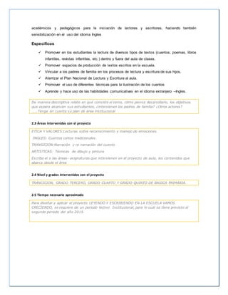 académicos y pedagógicos para la iniciación de lectores y escritores, haciendo también
sensibilización en el uso del idioma Ingles
Específicos
 Promover en los estudiantes la lectura de diversos tipos de textos (cuentos, poemas, libros
infantiles, revistas infantiles, etc.) dentro y fuera del aula de clases.
 Promover espacios de producción de textos escritos en la escuela.
 Vincular a los padres de familia en los procesos de lectura y escritura de sus hijos.
 Aterrizar el Plan Nacional de Lectura y Escritura al aula.
 Promover el uso de diferentes técnicas para la ilustración de los cuentos
 Aprende y hace uso de las habilidades comunicativas en el idioma extranjero –Ingles.
De manera descriptiva relate en qué consiste el tema, cómo piensa desarrollarlo, los objetivos
que espera alcancen sus estudiantes, ¿intervienen los padres de familia? ¿Otros actores?
…….Tenga en cuenta su plan de área institucional
2.3 Áreas intervenidas con el proyecto
ETICA Y VALORES:Lecturas sobre reconocimiento y manejo de emociones.
INGLES: Cuentos cortos tradicionales
TRANSICION:Narración y re narración del cuento
ARTISTICAS: Técnicas de dibujo y pintura
Escriba el o las áreas- asignaturas que intervienen en el proyecto de aula, los contenidos que
abarca desde el área
2.4 Nivel y grados intervenidos con el proyecto
TRANCICION, GRADO TERCERO, GRADO CUARTO Y GRADO QUINTO DE BASICA PRIMARIA.
2.5 Tiempo necesario aproximado
Para diseñar y aplicar el proyecto LEYENDO Y ESCRIBIENDO EN LA ESCUELA VAMOS
CRECIENDO, se requiere de un periodo lectivo Institucional, para lo cual se tiene previsto el
segundo periodo del año 2015.
 