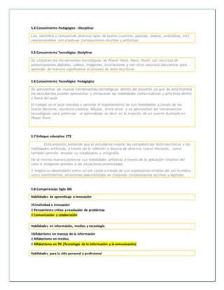 5.4 Conocimiento Pedagógico –Disciplinar
Lee, identifica y comprende diversos tipos de textos (cuentos, poesías, relatos, anécdotas, etc)
relacionándolos con creativas composiciones escritas y artísticas.
5.5 Conocimiento Tecnológico disciplinar
Se utilizaran las herramientas tecnológicas de Power Point, Paint, Word con recursos de
presentaciones digitales, videos, imágenes, ilustraciones y con otros recursos educativos para
aprender de manera significativa el proceso de lecto-escritura.
5.6 Conocimiento Tecnológico Pedagógico
Se aprovechan las nuevas herramientas tecnológicas dentro del proyecto ya que de esta manera
los estudiantes pueden aprovechar y enriquecer las habilidades comunicativas y artísticas dentro
y fuera del aula.
El trabajo en el aula moviliza y permite el mejoramiento de sus habilidades a través de los
textos literarios, escritura creativa, dibujos, entre otros y se aprovechan las herramientas
tecnológicas para potenciar el aprendizaje es decir en la creación de un cuento ilustrado en
Power Point.
5.7 Enfoque educativo CTS
Este proyecto pretende que el estudiante mejore las competencias lecto-escritoras y las
habilidades artísticas, a través de la reflexión y lectura de diversos textos literarios, como
también permite ampliar su vocabulario y ortografía.
De la misma manera potencia sus habilidades artísticas a través de la aplicación creativa del
color e imágenes acordes a las situaciones presentadas.
Y mejora su desempeño como un ser social a través de sus expresiones innatas del ser humano
como sentimientos, emociones plasmándolos en creativas composiciones escritas y digitales.
5.8 Competencias Siglo XXI
Habilidades de aprendizaje e innovación
Creatividad e innovación
Pensamiento crítico y resolución de problemas
Comunicación y colaboración
Habilidades en información, medios y tecnología
Alfabetismo en manejo de la información
Alfabetismo en medios
Alfabetismo en TIC (Tecnología de la información y la comunicación)
Habilidades para la vida personal y profesional
 