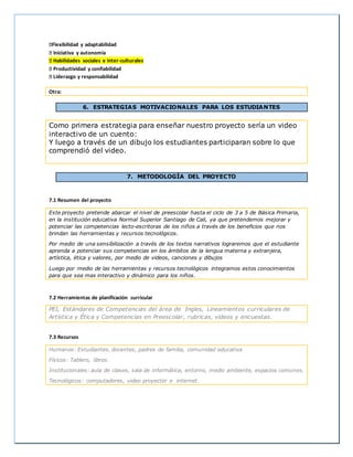 Flexibilidad y adaptabilidad
Iniciativa y autonomía
Habilidades sociales e inter-culturales
Productividad y confiabilidad
Liderazgo y responsabilidad
Otra:
6. ESTRATEGIAS MOTIVACIONALES PARA LOS ESTUDIANTES
Como primera estrategia para enseñar nuestro proyecto sería un video
interactivo de un cuento:
Y luego a través de un dibujo los estudiantes participaran sobre lo que
comprendió del video.
7. METODOLOGÍA DEL PROYECTO
7.1 Resumen del proyecto
Este proyecto pretende abarcar el nivel de preescolar hasta el ciclo de 3 a 5 de Básica Primaria,
en la institución educativa Normal Superior Santiago de Cali, ya que pretendemos mejorar y
potenciar las competencias lecto-escritoras de los niños a través de los beneficios que nos
brindan las herramientas y recursos tecnológicos.
Por medio de una sensibilización a través de los textos narrativos lograremos que el estudiante
aprenda a potenciar sus competencias en los ámbitos de la lengua materna y extranjera,
artística, ética y valores, por medio de videos, canciones y dibujos
Luego por medio de las herramientas y recursos tecnológicos integramos estos conocimientos
para que sea mas interactivo y dinámico para los niños.
7.2 Herramientas de planificación curricular
PEI, Estándares de Competencias del área de Ingles, Lineamientos curriculares de
Artística y Ética y Competencias en Preescolar, rubricas, videos y encuestas.
7.3 Recursos
Humanos: Estudiantes, docentes, padres de familia, comunidad educativa
Físicos: Tablero, libros.
Institucionales: aula de clases, sala de informática, entorno, medio ambiente, espacios comunes.
Tecnológicos: computadores, video proyector e internet.
 