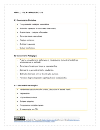 Planificador de Proyectos by Maritza Cuartas Jaramillo is licensed under a Creative Commons
Reconocimiento-NoComercial-SinObraDerivada 3.0 Unported License..
MODELO TPACK ENRIQUECIDO CTS
5.1 Conocimiento Disciplinar
 Comprender los conceptos matemáticos.
 Aplicar los conceptos en un contexto determinado.
 Analizar datos y cualquier información
 Comunicar ideas matemáticas
 Resolver problemas
 Sintetizar respuestas
 Evaluar conclusiones
5.2 Conocimiento Pedagógico
 Preparar adecuadamente los tiempos de trabajo que se dedicarán a las distintas
actividades que se realizarán.
 Comunicara los alumnos lo que se espera de ellos.
 Estimular la cooperación entre los estudiantes.
 Estimular el contacto entre el docente y los alumnos.
 Favorecer el aprendizaje activo y participativo de los estudiantes.
5.3 Conocimiento Tecnológico
 Herramientas de comunicación: Correo, Chat, foros de debate, videos.
 Páginas Web.
 Programas informáticos
 Software educativo
 Computadores portátiles, tablets.
 Si fuese posible una PDI
 