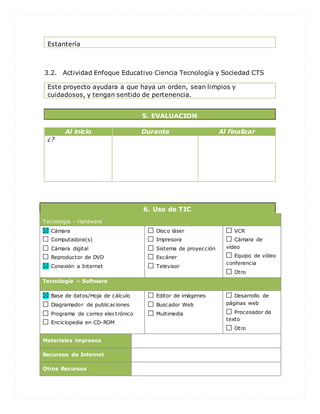 Estantería
3.2. Actividad Enfoque Educativo Ciencia Tecnología y Sociedad CTS
Este proyecto ayudara a que haya un orden, sean limpios y
cuidadosos, y tengan sentido de pertenencia.
5. EVALUACION
Al inicio Durante Al finalizar
¿?
6. Uso de TIC
Tecnología – Hardware
Cámara
Computadora(s)
Cámara digital
Reproductor de DVD
Conexión a Internet
Disco láser
Impresora
Sistema de proyección
Escáner
Televisor
VCR
Cámara de
vídeo
Equipo de vídeo
conferencia
Otro
Tecnología – Software
Base de datos/Hoja de cálculo
Diagramador de publicaciones
Programa de correo electrónico
Enciclopedia en CD-ROM
Editor de imágenes
Buscador Web
Multimedia
Desarrollo de
páginas web
Procesador de
texto
Otro
Materiales impresos
Recursos de Internet
Otros Recursos
 