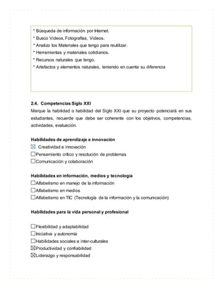 * Búsqueda de información por Internet.
* Busco Videos, Fotografías, Videos.
* Analizo los Materiales que tengo para reutilizar.
* Herramientas y materiales cotidianos.
* Recursos naturales que tengo.
* Artefactos y elementos naturales, teniendo en cuenta su diferencia
2.4. Competencias Siglo XXI
Marque la habilidad o habilidad del Siglo XXI que su proyecto potenciará en sus
estudiantes, recuerde que debe ser coherente con los objetivos, competencias,
actividades, evaluación.
Habilidades de aprendizaje e innovación
Creatividad e innovación
Pensamiento crítico y resolución de problemas
Comunicación y colaboración
Habilidades en información, medios y tecnología
Alfabetismo en manejo de la información
Alfabetismo en medios
Alfabetismo en TIC (Tecnología de la información y la comunicación)
Habilidades para la vida personal y profesional
Flexibilidad y adaptabilidad
Iniciativa y autonomía
Habilidades sociales e inter-culturales
Productividad y confiabilidad
Liderazgo y responsabilidad
 
