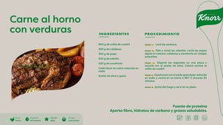 Fuente de proteina
Aporta fibra, hidratos de carbono y grasas saludables.
Carne al horno
con verduras INGREDIENTES PROCEDIMIENTO
800 g de colita de cuadril
300 g de calabaza
300 g de papa
200 g de cebolla
200 g de zanahoria
Caldo Knorr en sobre reducido en
sodio
Aceite de oliva a gusto
PASO 1. Lavá las verduras.
PASO 2. Pelá y cortá las cebollas, cortá las papas
dejale la cáscara, calabaza y zanahoria en rodajas
pequeñas.
PASO 3. Disponé los vegetales en una placa y
mezclá con el aceite de oliva. Colocá encima la
colita de cuadril
PASO 4. Espolvoreá con el caldo granulado reducido
en sodio y cociná en un horno a 180 °C durante 30
minutos.
PASO 5. Quitá del fuego y serví en un plato.
Cocción
Horno
Di�cultad
baja
Preparación
45 minutos
Porciones
6 porciones
 