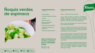 Aporta hidratos de
carbono, proteína,
grasas saludables
y fibra.
Ñoquis verdes
de espinaca
INGREDIENTES PROCEDIMIENTO
½ kg de papas
1 atado de espinacas frescas
2 huevos
500 g de harina
340 g de salsa lista
Pomarola Knorr
50 g de queso parmesano
1 caldito de verduras en
cubo Knorr
1 chorro de aceite de oliva
PASO 1. Primero lavá las verduras.
PASO 2. Pelá las papas y cortalas en cuadraditos y
hervilas hasta que estén bien tiernas. Después
colalas y dejá que se entibien un poco para no
quemarte- Hacelas un puré y condimentalas.
PASO 3.Herví las espinacas por 1 minuto. Escurrilas
bien y picarlas finamente.
PASO 4. Uní el puré con los huevos, las espinacas y
la harina. Mezclá todo hasta formar una masa
consistente y amasala en la mesada (¡acordate de
enharinarla así no se te pega!).
PASO 5.Cortá la masa en trozos, hacé tiritas finas
de aproximadamente 2 centimetros. Corta trozos
de 2 cementimetro y formá los ñoquis (podés usar
la parte de atrás de un tenedor para darle su típica
forma). Enharinalos para que no se peguen entre sí,
¡y a la olla!
PASO 6. En una cacerola de agua hirviendo disolvé
el caldito de verduras y cociná los ñoquis hasta que
suban a la superficie. Retirá con una espumadera y
serví con la salsa bolognesa caliente y queso
parmesano rallado.
Cocción
Olla/Cacerola
Di�cultad
media
Preparación
60 minutos
Porciones
6 porciones
 