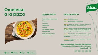 Aporta proteínas, hidratos de carbono,
grasas saludables y fibra. Fuente de
vitamina C y A.
Omelette
a la pizza INGREDIENTES PROCEDIMIENTO
1 taza de leche descremada
6 huevos
2 tomates
3 zanahorias
1 brocoli
200 gr queso cremoso
Aceite de oliva
Caldo de verduras Knorr
reducido en sodio
PASO 1. Lavá las verduras.
PASO 2. Batí las claras a punto nieve.
PASO 3. Agregá las yemas y el caldo reducido en
sodio. Batí nuevamente para mezclar bien.
PASO 4. Calentá un sartén con un poquito de aceite
de oliva, verté la cuarta parte del batido en el
sartén a fuego medio. Luego da vuelta el omelet.
PASO 5. Colocá sobre el omelet el tomate y queso
picados en cuadritos y tapá la sartén hasta que se
cocine bien.
PASO 6. Acompañalo con zanahoria y brocoli
cocinadas al vapor.
Cocción
Sartén
Di�cultad
baja
Preparación
20 minutos
Porciones
4 porciones
 
