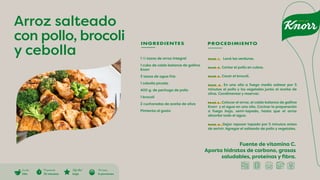 Fuente de vitamina C.
Aporta hidratos de carbono, grasas
saludables, proteínas y fibra.
Arroz salteado
con pollo, brocoli
y cebolla
INGREDIENTES PROCEDIMIENTO
1 ½ tazas de arroz integral
1 cubo de caldo balance de gallina
Knorr
3 tazas de agua fria
1 cebolla picada
400 g. de pechuga de pollo
1 brocoli
2 cucharadas de aceite de oliva
Pimienta al gusto
PASO 1. Lavá las verduras.
PASO 2. Cortar el pollo en cubos.
PASO 3. Cocer el brocoli.
PASO 4. En una olla a fuego medio saltear por 5
minutos el pollo y los vegetales junto al aceite de
oliva. Condimentar y reservar.
PASO 5. Colocar el arroz, el caldo balance de gallina
Knorr y el agua en una olla. Cocinar la preparación
a fuego bajo, semi-tapado, hasta que el arroz
absorba todo el agua.
PASO 6. Dejar reposar tapado por 5 minutos antes
de serivir. Agregar el salteado de pollo y vegetales.
Cocción
Olla
Di�cultad
baja
Preparación
30 minutos
Porciones
6 porciones
 