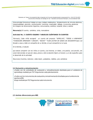Elaborado por: Equipo Univ ersidad del Valle en desarrollo del Conv enio interadministrativ o de asociación No. 4143.0.27.016-2015
suscrito entre el Municipio de Santiago de Cali – Secretaría de Educación Municipal y la Univ ersidad del Valle
Esta actividad fomenta el trabajo en casa, trabajo colaborativo, fortalecimiento de vínculos afectivos,
responsabilidad, atención, concentración, memoria, creatividad, diálogo, la escucha, paciencia.
Se integran las dimensiones Cognitiva, comunicativa, estética, corporal, ética y valores
Recurso(s) El cuento, cartelera, cinta, marcadores
Actividad No. 3 CUENTO VIAJERO Y ABUELOS CUÉNTANOS TU CUENTOS
Técnica(s) Cada niñ@ escogerá un cuento del proyecto “SEMILLAS”, “TODOS A APRENDER”
“FUNDACIÓN APRENDER Y CRECER”, “NICHO” “ PLAN LECTOR DE GASES DE OCCIDENTE”para ser
llevado a casa y leído en compañía de su familia, el cual compartirá en el aula.
En la familia, el abuelo
que desee compartir con los niños un cuento, una historia, un relato, una poesía, una canción, etc
seran bienvenidos al aula de clase, previa a ello la docente fijará un horario y un dia especifico para
el desarrollo de la actividad
Recurso(s) Cuentos, televisor, video beam, grabadora, tableta, usb, carteleras
2.4 Evaluación y retroalimentación
¿Cuáles son las actividades de evaluación y retroalimentación diseñadas para el ambiente de
aprendizaje mediado por TIC? Argumentar cada planteamiento
¿Cuálessonlosinstrumentosde evaluaciónyretroalimentacióndiseñadasparael ambiente de
aprehensIÓN
dizaje mediadoporTIC?Argumentarcadainstrumento
2.5 Análisis diferenciado para NEE
 