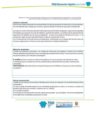 Elaborado por: Equipo Univ ersidad del Valle en desarrollo del Conv enio interadministrativ o de asociación No. 4143.0.27.016-2015
suscrito entre el Municipio de Santiago de Cali – Secretaría de Educación Municipal y la Univ ersidad del Valle
Contexto ambiental
Entorno querodea alaprendiz(comodispondrán elaula) parapropiciarla interacción y la participación.
Ver más allá del aula, trabajo por rincones, observar desde el nivel de los ojos de los estudiantes.
Secreará un rincón interactivo dondeeleducando conoceráen físico (maquetas.icoporetc) losaparatos
tecnológicosqueapoyan eluso de las tabletas,igualmentecarteles con dibujosde lasaplicacionesde
algunas de las tabletas con las que se trabajarán, se hará una cartelera llamativa en el aula y l se
actualizará según avances del planificador y/ plan de mejoras del mismo.
En el momento de la hora de lectura se dispondrán colchonetas en un espacio del aula de clase, las
mesas se organizaron en forma circular para fortalecer el trabajo colaborativo.
Estímulos sensoriales
¿Cuáles son estímulos sensoriales + los medios de interacción que facilitan el diseño de la interfaz?
(Presencialidad (principalmenteoral),Virtualidad(principalmenteescrita)).Tenerpresentelosrecursos,
los factores físicos y las relaciones psicológicas
EL AVIÓN:Se hará unaviónen material reciclable enel cual se colocaranlasfotosde los niños
a medidade que se cumplanlasnormas establecidas(cumplimientode acuerdos,realizaciónde
actividades.
TEXTO REGALO: Diariamente leeruntextocortopara crear el hábitoa la lecturay enellase afianza
lossaberes.
Vías de comunicación
¿Cuáles son las víasde comunicación utilizadaspara elenvío,la recepción y la retroalimentación delas
actividades?
Se crea un blog retroalimentado con las actividades propuestas en clase y se enviará a el padre de
familia el link para que se entere y refuerce con su niña(o).
En el cuaderno viajero.
Se concertacon loseducandoselcuento viajero para aquellos que participan de manera significativo
en las diferentes actividades propuestas en clase.
 