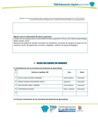 Elaborado por: Equipo Univ ersidad del Valle en desarrollo del Conv enio interadministrativ o de asociación No. 4143.0.27.016-2015
suscrito entre el Municipio de Santiago de Cali – Secretaría de Educación Municipal y la Univ ersidad del Valle
Espacio para el intercambio de ideas y opiniones
¿Cuáles son los espacios para el intercambio de ideas y opiniones? (Foros,CoP, Redes de aprendizaje,
Redes sociales, otros)
Reuniones de padres de familia, formación de estudiantes, reuniones de equipos de áreas con los
maestros, buzón de sugerencias, suvenires, plegables , cuaderno de apoyo pedagógico.
4. DATOS DEL EQUIPO DE AMBIENTE
4.1 Identificación de los miembros del Ambiente de Aprendizaje
N
o
.
Nombres y Apellidos ME Área Grado
1 OLGA LUCIA VELASCO HERRADA Comunicativa Transición
2 MARIA EUNICES MOLINEROS ORTIZ Cognitiva Transición
3 ANA MILENA LÓPEZ BERMEO Comunicativa Transición
4 ILMA MURILLO RIVAS Etica y Valores Transición
5
4.2 Correos electrónicos de los miembros del Ambiente de Aprendizaje
 