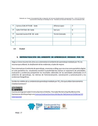 Elaborado por: Equipo Univ ersidad del Valle en desarrollo del Conv enio interadministrativ o de asociación No. 4143.0.27.016-2015
suscrito entre el Municipio de Santiago de Cali – Secretaría de Educación Municipal y la Univ ersidad del Valle
PAGE *
MERGEF
ORMAT
10
1 Carrera 7j Bis N°73-00 - Sede AlfonsoLopez 7
2 Calle 72 N°1b3- 03- Sede San Luis 6
3 Avenida5oeste # 30- 64- sede TerrónColorado 1
4
5
4.5 Ciudad
5. SISTEMATIZACIÓN DEL AMBIENTE DE APRENDIZAJE MEDIADO POR TIC
Haga un breveresumen de cómo va a sistematizarel ambientede aprendizajemediado porTIC,los
recursosqueutilizará, la clasificación delas evidencias,el plan de mejora
Para sistematizarel ambiente de aprendizaje,crearemosunBlog que nossirve comoportafoliodigital,
en este portafolio los estudiantes tendrán la posibilidad de realizar un repositorio de actividades,
evaluación y evidencias,compartirán los resultados obtenidos de las actividades planteadas en el
ambiente de aprendizaje, las rúbricas de heteroevaluación, coevaluación y autoevaluación y las
evidencias fotográficas.
Escriba los créditosde su ambientedeaprendizajemediado porTIC,¿Porquéutilizar licenciamiento
CreativeCommons?
CuentaconmigoporIsabel CristinaQuinteroOrdoñez,TitaIsabel RenteriaAsprilla,MonicaVilla
Carmonase distribuye bajouna LicenciaCreativeCommonsAtribución-NoComercial-SinDerivar4.0
Internacional.
 