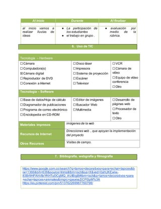 Al inicio Durante Al finalizar
al inicio vamos a
realizar lluvias de
ideas
● La participación de
los estudiantes
● el trabajo en grupo .
● evaluación por
medio de la
rúbrica.
6. Uso de TIC
Tecnología – Hardware
☐Cámara
☐Computadora(s)
☒Cámara digital
☐Reproductor de DVD
☐Conexión a Internet
☐Disco láser
☐Impresora
☐Sistema de proyección
☐Escáner
☐Televisor
☐VCR
☐Cámara de
vídeo
☐Equipo de vídeo
conferencia
☐Otro
Tecnología – Software
☐Base de datos/Hoja de cálculo
☐Diagramador de publicaciones
☐Programa de correo electrónico
☐Enciclopedia en CD-ROM
☐Editor de imágenes
☐Buscador Web
☐Multimedia
☐Desarrollo de
páginas web
☐Procesador de
texto
☐Otro
Materiales impresos imágenes de la web
Recursos de Internet
Direcciones web , que apoyan la implementación
del proyecto
Otros Recursos Visitas de campo.
7. Bibliografía, webgrafía y filmografía
https://www.google.com.co/search?q=tarros+decorativos+para+echar+lapices&b
iw=1366&bih=638&source=lnms&tbm=isch&sa=X&ved=0ahUKEwiw-
83Br9HPAhVIbiYKHTuOCgMQ_AUIBigB#tbm=isch&q=tarros+decorativos+para
+echar+lapices+animales&imgrc=qasxnaZiCPI3pM%3A
https://es.pinterest.com/pin/513762269967760798/
 