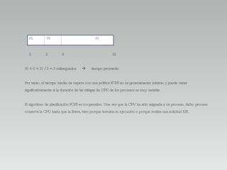   0  3  6  30 (6 + 0 + 3) / 3 = 3 milisegundos     tiempo promedio  Por tanto, el tiempo medio de espera con una política FCFS no es generalmente mínimo y puede variar significativamente si la duración de las ráfagas de CPU de los procesos es muy variable. El algoritmo de planificación FCFS es cooperativo. Una vez que la CPU ha sido asignada a un proceso, dicho proceso conserva la CPU hasta que la libera, bien porque termina su ejecución o porque realiza una solicitud E/S. P2  P3  P1  