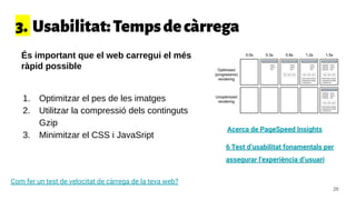 3. Usabilitat:Tempsdecàrrega
Com fer un test de velocitat de càrrega de la teva web?
És important que el web carregui el més
ràpid possible
1. Optimitzar el pes de les imatges
2. Utilitzar la compressió dels continguts
Gzip
3. Minimitzar el CSS i JavaSript
Acerca de PageSpeed Insights
6 Test d’usabilitat fonamentals per
assegurar l’experiència d’usuari
26
 