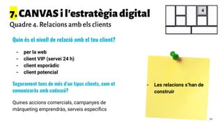 7.CANVASil'estratègiadigital
Quadre 4. Relacions amb els clients
Quin és el nivell de relació amb el teu client?
- per la web
- client VIP (servei 24 h)
- client esporàdic
- client potencial
Segurament tens de més d’un tipus clients, com et
comunicaràs amb cadascú?
Quines accions comercials, campanyes de
màrqueting emprendràs, serveis especíﬁcs
4
- Les relacions s’han de
construir
50
 