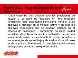 Formato 02: Plan de Clases de la Unidad
Formativa
• (Cada curso ha sido dividido para las precisiones de
trabajo y el logro de objetivos en tres unidades
formativas), este documento tiene como norte el o los
objetivos a alcanzar en el módulo lectivo y en ellos los
objetivos específicos que se esperan obtener en el
proceso de enseñanza – aprendizaje en dicha unidad
formativa, describe a su vez los contenidos de las tres
semanas de clase que contempla la unidad formativa y
las estrategias de aprendizaje y de evaluación a utilizarse
en dicha unidad. Este formato lo completa cada docente y
debe portarlo en cada clase que desarrolle.
 
