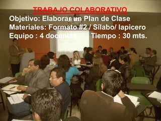 TRABAJO COLABORATIVO
Objetivo: Elaborar un Plan de Clase
Materiales: Formato #2 / Sílabo/ lapicero
Equipo : 4 docentes Tiempo : 30 mts.
 