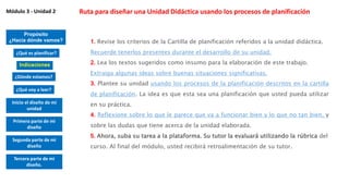 1. Revise los criterios de la Cartilla de planificación referidos a la unidad didáctica.
Recuerde tenerlos presentes durante el desarrollo de su unidad.
2. Lea los textos sugeridos como insumo para la elaboración de este trabajo.
Extraiga algunas ideas sobre buenas situaciones significativas.
3. Plantee su unidad usando los procesos de la planificación descritos en la cartilla
de planificación. La idea es que esta sea una planificación que usted pueda utilizar
en su práctica.
4. Reflexione sobre lo que le parece que va a funcionar bien y lo que no tan bien, y
sobre las dudas que tiene acerca de la unidad elaborada.
5. Ahora, suba su tarea a la plataforma. Su tutor la evaluará utilizando la rúbrica del
curso. Al final del módulo, usted recibirá retroalimentación de su tutor.
Ruta para diseñar una Unidad Didáctica usando los procesos de planificaciónMódulo 3 - Unidad 2
Propósito
¿Hacia dónde vamos?
Indicaciones
¿Dónde estamos?
¿Qué voy a leer?
Inicio el diseño de mi
unidad
¿Qué es planificar?
Primera parte de mi
diseño
Segunda parte de mi
diseño
Tercera parte de mi
diseño.
 