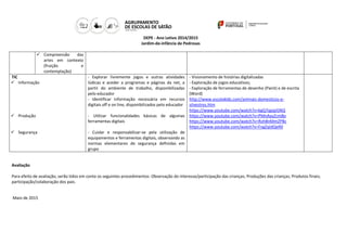 DEPE - Ano Letivo 2014/2015
Jardim-de-infância de Pedrosas
 Compreensão das
artes em contexto
(fruição e
contemplação)
TIC
 Informação
 Produção
 Segurança
- Explorar livremente jogos e outras atividades
lúdicas e aceder a programas e páginas da net, a
partir do ambiente de trabalho, disponibilizadas
pelo educador
- Identificar informação necessária em recursos
digitais off e on line, disponibilizados pelo educador
- Utilizar funcionalidades básicas de algumas
ferramentas digitais
- Cuidar e responsabilizar-se pela utilização de
equipamentos e ferramentas digitais, observando as
normas elementares de segurança definidas em
grupo
- Visionamento de histórias digitalizadas
- Exploração de jogos educativos;
- Exploração de ferramentas de desenho (Paint) e de escrita
(Word)
http://www.escolakids.com/animais-domesticos-e-
silvestres.htm
https://www.youtube.com/watch?v=kgQ7qpqJGNQ
https://www.youtube.com/watch?v=PMnAyyZcm8o
https://www.youtube.com/watch?v=Roh8nMmZPBc
https://www.youtube.com/watch?v=FngZqIdQeR0
Avaliação
Para efeito de avaliação, serão tidos em conta os seguintes procedimentos: Observação do interesse/participação das crianças; Produções das crianças; Produtos finais;
participação/colaboração dos pais.
Maio de 2015
 