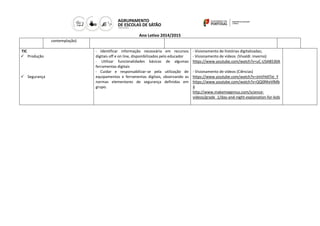 Ano Letivo 2014/2015
contemplação)
TIC
 Produção
 Segurança
- Identificar informação necessária em recursos
digitais off e on line, disponibilizados pelo educador
- Utilizar funcionalidades básicas de algumas
ferramentas digitais
- Cuidar e responsabilizar-se pela utilização de
equipamentos e ferramentas digitais, observando as
normas elementares de segurança definidas em
grupo.
- Visionamento de histórias digitalizadas;
- Visionamento de vídeos (Vivaldi: inverno)
https://www.youtube.com/watch?v=uC-USAB530A
- Visionamento de vídeos (Ciências)
https://www.youtube.com/watch?v=JmVHdiTei_Y
https://www.youtube.com/watch?v=QQ0RKeVlMb
4
http://www.makemegenius.com/science-
videos/grade_1/day-and-night-explanation-for-kids
 