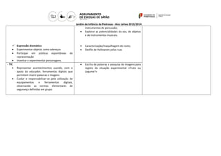 Jardim de Infância de Pedrosas - Ano Letivo 2013/2014
instrumentos de percussão;
• Explorar as potencialidades da voz, de objetos
e de instrumentos musicais.
 Expressão dramática
• Experimentar objetos como adereços
• Participar em práticas espontâneas de
representação
• Inventar e experimentar personagens.
- TIC
• Representar acontecimentos usando, com o
apoio do educador, ferramentas digitais que
permitem inserir palavras e imagens
• Cuidar e responsabilizar-se pela utilização de
equipamentos
e
ferramentas
digitais,
observando as normas elementares de
segurança definidas em grupo

•
•

Caracterização/maquilhagem do rosto;
Desfile de Halloween pelas ruas

•

Escrita de palavras e pesquisa de imagens para
registo da situação experimental «Fruto ou
Legume?»

 