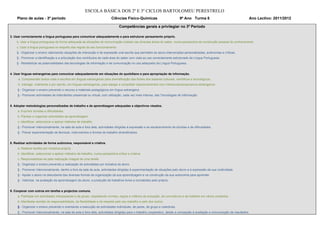 ESCOLA BÁSICA DOS 2º E 3º CICLOS BARTOLOMEU PERESTRELO
    Plano de aulas - 3º período                                              Ciências Físico-Químicas                        9º Ano Turma 8                                  Ano Lectivo: 2011/2012

                                                                                   Competências gerais a privilegiar no 3º Período

3. Usar correctamente a língua portuguesa para comunicar adequadamente e para estruturar pensamento próprio.
    b. Usar a língua portuguesa de forma adequada às situações de comunicação criadas nas diversas áreas do saber, numa perspectiva de construção pessoal do conhecimento.
    c. Usar a língua portuguesa no respeito das regras do seu funcionamento.
    § - Organizar o ensino valorizando situações de interacção e de expressão oral escrita que permitam ao aluno intervenções personalizadas, autónomas e críticas.
    § - Promover a identificação e a articulação dos contributos de cada área do saber com vista ao uso correctamente estruturado da Língua Portuguesa.
    § - Rentabilizar as potencialidades das tecnologias de informação e de comunicação no uso adequado da Língua Portuguesa.


4. Usar línguas estrangeiras para comunicar adequadamente em situações do quotidiano e para apropriação de informação.
     a. Compreender textos orais e escritos em línguas estrangeiras para diversificação das fontes dos saberes culturais, científicos e tecnológicos.
     b. Interagir, oralmente e por escrito, em línguas estrangeiras, para alargar e consolidar relacionamentos com interlocutores/parceiros estrangeiros.
     § - Organizar o ensino prevendo o recurso a materiais pedagógicos em língua estrangeira.
     § - Promover actividades de intercâmbio presencial ou virtual, com utilização, cada vez mais intensa, das Tecnologias de Informação.


5. Adoptar metodologias personalizadas de trabalho e de aprendizagem adequadas a objectivos visados.
     a. Exprimir dúvidas e dificuldades.
     b. Planear e organizar actividades de aprendizagem.
     c. Identificar, seleccionar e aplicar métodos de trabalho.
     § - Promover intencionalmente, na sala de aula e fora dela, actividades dirigidas à expressão e ao esclarecimento de dúvidas e de dificuldades.
     § - Prever experimentação de técnicas, instrumentos e formas de trabalho diversificados.


8. Realizar actividades de forma autónoma, responsável e criativa.
     a. Realizar tarefas por iniciativa própria.
     b. Identificar, seleccionar e aplicar métodos de trabalho, numa perspectiva crítica e criativa.
     c. Responsabilizar-se pela realização integral de uma tarefa.
     § - Organizar o ensino prevendo a realização de actividades por iniciativa do aluno.
     § - Promover intencionalmente, dentro e fora da sala de aula, actividades dirigidas à experimentação de situações pelo aluno e à expressão da sua criatividade.
     § - Apoiar o aluno na descoberta das diversas formas de organização da sua aprendizagem e na construção da sua autonomia para aprender.
     § - Valorizar, na avaliação da aprendizagem do aluno, a produção de trabalhos livres e concebidos pelo próprio.


9. Cooperar com outros em tarefas e projectos comuns.
     a. Participar em actividades interpessoais e de grupo, respeitando normas, regras e critérios de actuação, de convivência e de trabalho em vários contextos.
     b. Manifestar sentido de responsabilidade, de flexibilidade e de respeito pelo seu trabalho e pelo dos outros.
     § - Organizar o ensino prevendo e orientando a execução de actividades individuais, de pares, de grupo e colectivas.
     § - Promover intencionalmente, na sala de aula e fora dela, actividades dirigidas para o trabalho cooperativo, desde a concepção à avaliação e comunicação de resultados.
 