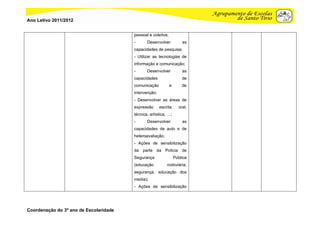 Ano Letivo 2011/2012


                                        pessoal e coletiva;
                                        -      Desenvolver            as
                                        capacidades de pesquisa;
                                        - Utilizar as tecnologias de
                                        informação e comunicação;
                                        -      Desenvolver            as
                                        capacidades                   de
                                        comunicação           e       de
                                        intervenção;
                                        - Desenvolver as áreas de
                                        expressão      escrita,     oral,
                                        técnica, artística, …;
                                        -      Desenvolver            as
                                        capacidades de auto e de
                                        heteroavaliação.
                                        - Ações de sensibilização
                                        da parte da Polícia de
                                        Segurança                 Pública
                                        (educação          rodoviária,
                                        segurança, educação dos
                                        media);
                                        - Ações de sensibilização




Coordenação do 3º ano de Escolaridade
 
