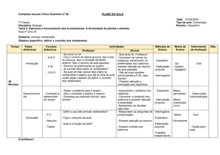 Complexo escolar Chico Guerreiro nº 28 PLANO DE AULA
Data: 07/05/2024
7ª Classe Tipo de aula: Combinada
Disciplina: Biologia Período: Vespertino
Tema 2- Estrutura e funionamento dos ecossistemas: A diversidade de plantas e animais.
Aula nº 23 e 24
Subtema: Animais vertebrados
Tempo Fases
didácticas
Funções
didácticas
Actividades Métodos de
Ensino
Meios de
Ensino
Instrumento
de Avaliação
Obs.
Professor Alunos
45
Minutos
Introdução
- A.N.P
- P.M
- O.A.O
- Boa tarde turma!
- Faço o controlo da higiene da turma, faço a lista
de presença; faço a correção da tarefa
anterior, faço o resumo da aula passada.
- Escrevo os preliminares ao quadro.
- já ouviram falar sobre os vertebrados?
- Na aula de hoje vamos falar sobre os
vertebrados e espero que até ao final da aula
vocês sejam capazes de definir o conceito
dos vertebrados.
- Boa tarde Sr. Professor!
- Escrevem os nomes na
presença, transcrevem os
preliminares nos cadernos,
prestam atenção ao resumo
da aula passada.
- Dão as suas opiniões
concernentes a P.M, caso
tiverem.
- Prestam atenção a
orientação aos objectivos.
- Expositivo
- Elaboração
conjunta.
-Interrogativo
- Giz
- Quadro
- Apagador
Oral
Desenvolvime
nto
Conteúdo a
desenvolver
em anexo.
- Passo o subtema para o quadro.
- Dito o conteúdo e explico o mesmo.
- Esclareço as possíveis dúvida, caso
tiverem.
-transcrevem o subtema nos
cadernos
- Escrevem o conteúdo nos
cadernos e prestam atenção
a explicação.
-Apresentam as dúvidas
caso tiver.
- Expositivo
- Elanoração
conjunta
Meios
permantes
Meios
ocasionais(
Livro)
Observação
Individualizada
Conclusão
- P.C
- Resumo
- Tarefa
- Defini o que são animais vertebrados?
- Faço o ressumo da aula.
- Qual é a função da pele?
- Respondem as perguntas de
comprovação.
- Prestam atenção ao resumo.
- Passam a tarefa nos
cadernos.
-Interrogativo
-Explicativo
-Elaboração
conjunta
-Trabalho
independente.
Meios
Permanente
- Oral
- Tarefa para
casa.
O professor:
Objetivo específico: definir o conceito dos vertebrados.
 