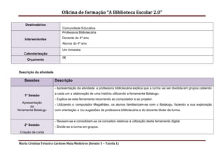 Oficina de formação “A Biblioteca Escolar 2.0”

     Destinatários
                              Comunidade Educativa
                              Professora Bibliotecária

    Intervenientes            Docente do 4º ano
                              Alunos do 4º ano

                              Um trimestre
    Calendarização
                              0€
      Orçamento


Descrição da atividade

    Sessões              Descrição

                         - Apresentação da atividade: a professora bibliotecária explica que a turma vai ser dividida em grupos cabendo
                         a cada um a elaboração de uma história utilizando a ferramenta Batalugu.
    1ª Sessão
                         - Explica-se esta ferramenta recorrendo ao computador e ao projetor.
    Apresentação
                         - Utilizando o computador Magalhães, os alunos familiarizam-se com o Batalugu, fazendo a sua exploração
         da
ferramenta Batalugu      com orientação e /ou sugestões da professora bibliotecária e do docente titular de turma.


                         - Reveem-se e consolidam-se os conceitos relativos à utilização desta ferramenta digital.
    2ª Sessão
                         - Divide-se a turma em grupos.
 Criação da conta


Marta Cristina Teixeira Cardoso Maia Medeiros (Sessão 5 – Tarefa 1)
 