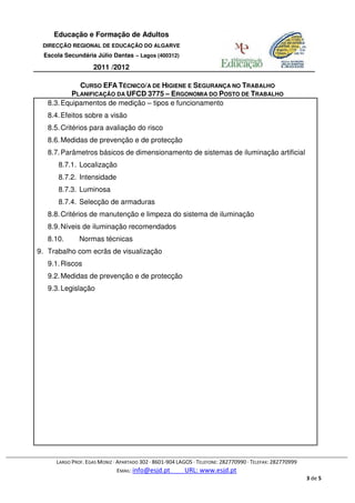 Educação e Formação de Adultos
 DIRECÇÃO REGIONAL DE EDUCAÇÃO DO ALGARVE
 Escola Secundária Júlio Dantas – Lagos (400312)

                   2011 /2012

             CURSO EFA TÉCNICO/A DE HIGIENE E SEGURANÇA NO TRABALHO
           PLANIFICAÇÃO DA UFCD 3775 – ERGONOMIA DO POSTO DE TRABALHO
   8.3. Equipamentos de medição – tipos e funcionamento
   8.4. Efeitos sobre a visão
   8.5. Critérios para avaliação do risco
   8.6. Medidas de prevenção e de protecção
   8.7. Parâmetros básicos de dimensionamento de sistemas de iluminação artificial
      8.7.1. Localização
      8.7.2. Intensidade
      8.7.3. Luminosa
      8.7.4. Selecção de armaduras
   8.8. Critérios de manutenção e limpeza do sistema de iluminação
   8.9. Níveis de iluminação recomendados
   8.10.      Normas técnicas
9. Trabalho com ecrãs de visualização
   9.1. Riscos
   9.2. Medidas de prevenção e de protecção
   9.3. Legislação




     LARGO PROF. EGAS MONIZ · APARTADO 302 · 8601-904 LAGOS · TELEFONE: 282770990 · TELEFAX: 282770999
                              EMAIL: info@esjd.pt        URL: www.esjd.pt
                                                                                                         3 de 5
 