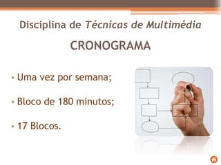 CRONOGRAMA
• Uma vez por semana;
• Bloco de 180 minutos;
• 17 Blocos.
Disciplina de Técnicas de Multimédia
 