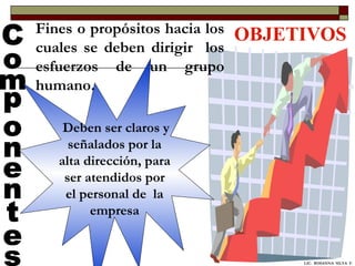 OBJETIVOS Componentes Deben ser claros y señalados por la alta dirección, para ser atendidos por el personal de  la empresa Fines o propósitos hacia los cuales se deben dirigir  los esfuerzos de un grupo humano.  LIC.  ROSANNA  SILVA  F. 