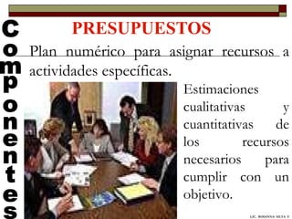 PRESUPUESTOS Componentes Plan numérico para asignar recursos a actividades específicas. Estimaciones cualitativas y cuantitativas de los recursos necesarios para cumplir con un objetivo.  LIC.  ROSANNA  SILVA  F. 