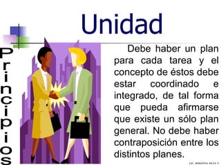 Unidad Principios Debe haber un plan para cada tarea y el concepto de éstos debe estar coordinado e integrado, de tal forma que pueda afirmarse que existe un sólo plan general. No debe haber contraposición entre los distintos planes. LIC.  ROSANNA  SILVA  F. 