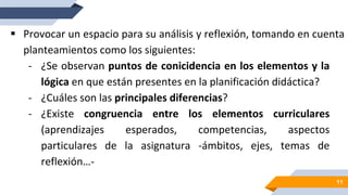11
 Provocar un espacio para su análisis y reflexión, tomando en cuenta
planteamientos como los siguientes:
- ¿Se observan puntos de conicidencia en los elementos y la
lógica en que están presentes en la planificación didáctica?
- ¿Cuáles son las principales diferencias?
- ¿Existe congruencia entre los elementos curriculares
(aprendizajes esperados, competencias, aspectos
particulares de la asignatura -ámbitos, ejes, temas de
reflexión…-
 
