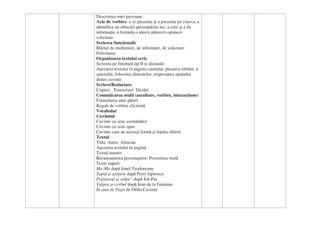 Descrierea unei persoane
Acte de vorbire: a se prezenta şi a prezenta pe cineva, a
identifica un obiect/o persoană/un loc, a cere şi a da
informaţii, a formula o idee/o părere/o opinie/o
solicitare
Scrierea funcţională
Biletul de mulţumire, de informare, de solicitare
Felicitarea
Organizarea textului scris
Scrierea pe liniatură tip II şi dictando
Aşezarea textului în pagina caietului: plasarea titlului, a
autorului, folosirea alineatelor, respectarea spaţiului
dintre cuvinte
Scriere/Redactare
Copieri . Transcrieri. Dictări
Comunicarea orală (ascultare, vorbire, interacţiune)
Formularea unei păreri
Reguli de vorbire eficientă
Vocabular
Cuvântul
Cuvinte cu sens asemănător
Cuvinte cu sens opus
Cuvinte care au aceeaşi formă şi înţeles diferit
Textul
Titlu. Autor. Alineate
Aşezarea textului în pagină
Textul narativ
Recunoaşterea personajelor. Povestirea orală
Texte suport:
Ma-Ma după Ionel Teodoreanu
Ţapul şi şarpele după Petre Ispirescu
Peştişorul şi vulpe” după Ion Pas
Vulpea şi corbul după Jean de la Fontaine
În ziua de Paşti de Otilia Cazimir
 