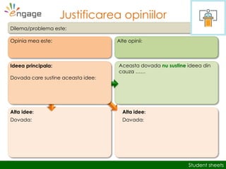 Student sheets
Alta idee:
Dovada:
Alta idee:
Davada:
SS2
Justificarea opiniilor
Dilema/problema este:
Opinia mea este: Alte opinii:
Aceasta dovada nu sustine ideea din
cauza ……
Ideea principala:
Dovada care sustine aceasta idee:
 