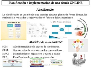 Exp. Lic. Leonardo A. Delgado A. 2
Planificación e implementación de una tienda ON LINE
Planificación
La planificación es un método que permite ejecutar planes de forma directa, los
cuales serán realizados y supervisados en función del planeamiento.
Modelos de E-BUSINESS
SCM:
CRM:
MRO:
ERP:
Administración de la cadena de suministros.
Gestión sobre la relación con los consumidores
Mantenimiento, reparación y puesta a punto
Planificación de recursos empresariales
 