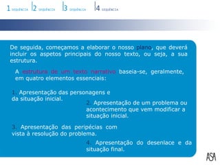 De seguida, começamos a elaborar o nosso plano, que deverá incluir os aspetos principais do nosso texto, ou seja, a sua estrutura.A estrutura de um texto narrativo baseia-se, geralmente, em quatro elementos essenciais:1. Apresentação das personagens e da situação inicial.2. Apresentação de um problema ou acontecimento que vem modificar a situação inicial.3. Apresentação das peripécias com vista à resolução do problema.4. Apresentação do desenlace e da situação final.