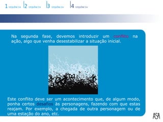 Na segunda fase, devemos introduzir um conflito na ação, algo que venha desestabilizar a situação inicial.Este conflito deve ser um acontecimento que, de algum modo, ponha certos desafios às personagens, fazendo com que estas reajam. Por exemplo, a chegada de outra personagem ou de uma estação do ano, etc.