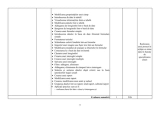 Modificarea proprietăţilor unui câmp
Introducerea de date în tabelă
Vizualizarea informaţiilor dintr-o tabelă
Modificarea datelor într-o tabelă
Adăugarea de înregistrări într-o bază de date
Ştergerea de înregistrări într-o bază de date
Crearea unui formular simplu
Introducerea datelor în baza de date folosind formulare
simple
Formatarea textului
Schimbarea culorii fondului într-un formular
Importul unei imagini sau fişier text într-un formular                       Realizarea
                                                                           unui proiect în
Modificarea modului de aranjare a obiectelor în formular
                                                                           echipe cu teme
Conectarea la o bază de date existentă
                                                                           date în funcţie
Căutarea unei înregistrări                                                       de
Crearea unei interogări simple                                              specializarea
Crearea unei interogări multiple                                               clasei
Salvarea unei interogări
Filtre: adăugare, eliminare
Adăugarea, eliminarea de câmpuri într-o interogare
Selecţia şi sortarea datelor după criterii sau în baza
operatorilor logici uzuali
Crearea unui raport
Modificarea unui raport
Crearea, modificarea unui antet şi subsol
Gruparea datelor într-un raport, total-raport, subtotal-raport
Aplicaţii practice cum ar fi:
- realizarea bazei de date a clasei şi interogarea ei


                                         Evaluare sumativă       1   S36


                            5
 