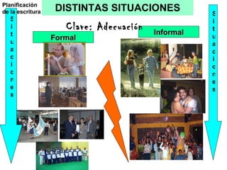 DISTINTAS SITUACIONES Formal Informal Situaciones Situaciones Planificación de la escritura Clave: Adecuación  
