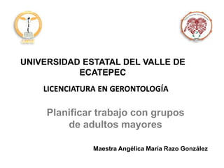Planificar trabajo con grupos
de adultos mayores
UNIVERSIDAD ESTATAL DEL VALLE DE
ECATEPEC
Maestra Angélica María Razo González
LICENCIATURA EN GERONTOLOGÍA
 