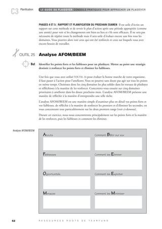 Planification LE GUIDE DU PLAIDOYER CONSEILS PRATIQUES POUR APPROCHER UN PLAIDOYER C3 
52 
PHASES 4 ET 5 : RAPPORT ET PLANIFICATION DU PROCHAIN EXAMEN Il est utile d’écrire un 
rapport sur cette méthode et de revoir le plan d’action après une période appropriée (comme 
une année) pour voir si les changements ont bien eu lieu et s’ils sont efficaces. Il ne sera pas 
nécessaire de répéter toute la méthode mais il sera utile d’évaluer encore une fois tous les 
domaines. Vous pourrez alors voir ceux qui ont été renforcés et ceux sur lesquels vous avez 
encore besoin de travailler. 
OUTIL 25 Analyse AFOM/BEEM 
But Identifier les points forts et les faiblesses pour un plaidoyer. Mettre au point une stratégie 
destinée à renforcer les points forts et éliminer les faiblesses. 
Une fois que vous avez utilisé l’OUTIL 24 pour évaluer la bonne marche de votre organisme, 
il faut passer à l’action pour l’améliorer. Vous ne pourrez sans doute pas agir sur tous les points 
en même temps. Choisissez donc les cinq domaines les plus solides dans les travaux de plaidoyer 
et réfléchissez à la manière de les renforcer. Concentrez-vous ensuite sur cinq domaines 
prioritaires à améliorer dans les douze prochains mois. L’analyse AFOM/BEEM présente une 
manière de réfléchir à la manière d’entreprendre une telle tâche. 
L’analyse AFOM/BEEM est une manière simple d’examiner plus en détail vos points forts et 
vos faiblesses, de réfléchir à la manière de renforcer les premiers et d’éliminer les secondes, en 
vous concentrant tout particulièrement sur les deux premiers rangs (voir ci-dessous). 
Durant cet exercice, nous nous concentrerons principalement sur les points forts et la manière 
de les renforcer, puis les faiblesses et comment les éliminer. 
R E S S O U R C E S R O O T S D E T E A R F U N D 
Analyse AFOM/BEEM 
Atouts Comment Bâtir sur eux 
Faiblesses Comment les Eliminer 
Opportunités Comment les Exploiter 
Menaces Comment les Minimiser 
