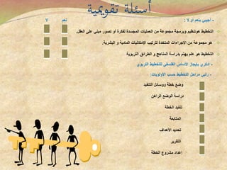 ‫ميية‬‫و‬‫تق‬ ‫أسئلة‬ -‫أجيبي‬‫ال‬ ‫او‬ ‫بنعم‬:‫ال‬ ‫نعم‬
‫التخطيط‬‫هوتنظيم‬‫العقل‬ ‫على‬ ‫مبني‬ ‫تصور‬ ‫أو‬ ‫لفكرة‬ ‫المجسدة‬ ‫العمليات‬ ‫من‬ ‫مجموعة‬ ‫وبرمجة‬.
‫اإلجراءات‬ ‫من‬ ‫مجموعة‬ ‫هو‬‫المتخدة‬‫البشرية‬ ‫و‬ ‫المادية‬ ‫اإلمكانيات‬ ‫لترتيب‬.
‫التربوية‬ ‫الطرائق‬ ‫و‬ ‫المناهج‬ ‫بدراسة‬ ‫يهتم‬ ‫علم‬ ‫هو‬ ‫التخطيط‬
--‫أدكري‬‫للتخطيط‬ ‫الفلسفي‬ ‫األساس‬ ‫بإيجاز‬‫التربوي‬
--‫مراحل‬ ‫رتبي‬‫األولويات‬ ‫حسب‬ ‫التخطيط‬:
-‫ووسائل‬ ‫خطة‬ ‫وضع‬‫التنفيد‬
-‫الراهن‬ ‫الوضع‬ ‫دراسة‬
-‫الخطة‬ ‫تنفيد‬
-‫المتابعة‬
-‫األهداف‬ ‫تحديد‬
-‫التقرير‬
-‫الخطة‬ ‫مشروع‬ ‫إعداد‬
 