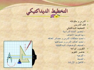 ‫مكوناته‬ ‫و‬ ‫الدرس‬
‫التدريس‬ ‫فعل‬
‫الديداكتيكي‬ ‫التخطيط‬
-‫الدراسية‬ ‫المادة‬ ‫تحضير‬
-‫األهداف‬ ‫بيداغوجيا‬
-‫أهدافه‬ ‫مصادر‬ ‫و‬ ‫الدرس‬ ‫منطلقات‬ ‫تحديد‬
-‫صياغتها‬ ‫و‬ ‫الدرس‬ ‫أهداف‬ ‫تحديد‬
-‫الديداكتيكية‬ ‫الوضعيات‬ ‫تصنيف‬
‫انواعه‬ ‫و‬ ‫التقويم‬
‫التقويم‬ ‫عناصر‬
-‫التوجيه‬
-‫الضبط‬
-‫اإلرشاد‬ ‫و‬ ‫التأهيل‬
 