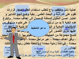 ‫ترتيب‬ ‫عملية‬
‫على‬ ‫األولويات‬
‫اإلمكانيات‬ ‫ضوء‬
‫و‬ ‫المادية‬
‫البشرية‬
‫برمجة‬‫مجموعة‬
‫العمليات‬ ‫من‬
‫القيام‬ ‫المفترض‬
‫بها‬
‫على‬ ‫العمل‬
‫أو‬ ‫الفكرة‬ ‫تجسيد‬
‫التصور‬
‫و‬ ‫تأمل‬ ‫عملية‬
‫تنظيم‬
‫مجموعة‬‫من‬
‫التدابير‬
‫المحددة‬
‫تنظيم‬‫و‬‫اع‬
‫استخدام‬‫العقل‬
‫وتنظيم‬ ‫تأمل‬ ‫عملية‬‫قرارات‬ ‫إلصدار‬ ‫العقل‬ ‫استخدام‬ ‫تتطلب‬ ‫واع‬
‫البح‬ ‫و‬ ‫الدراسة‬ ‫على‬ ‫تقوم‬‫ث‬‫العلمي‬,‫التداب‬ ‫أنجع‬ ‫وضع‬ ‫بغية‬‫و‬ ‫ير‬
‫محددة‬ ‫أهداف‬ ‫إلى‬ ‫للوصول‬ ‫الممكنة‬ ‫الحلول‬ ‫احسن‬ ‫اختيار‬,‫ولبلو‬‫غ‬
‫توف‬ ‫ما‬ ‫ضوء‬ ‫على‬ ‫لألولويات‬ ‫محكم‬ ‫ترتيب‬ ‫من‬ ‫بد‬ ‫ال‬ ‫الغاية‬ ‫هده‬‫ر‬‫من‬
‫اإلمكانيات‬‫االمادية‬‫و‬‫البشرية‬,‫ي‬ ‫التي‬ ‫األرضية‬ ‫تبسط‬ ‫حتى‬‫تم‬
‫التطبيق‬ ‫حيز‬ ‫إلى‬ ‫التصور‬ ‫تنزيل‬ ‫عليها‬,‫التخ‬ ‫هدا‬ ‫رحم‬ ‫وفي‬‫طيط‬
‫بها‬ ‫القيام‬ ‫المفترض‬ ‫العمليات‬ ‫من‬ ‫مجموعة‬ ‫تنسج‬(‫م‬ ‫مجال‬ ‫في‬‫حدد‬
–‫محددة‬ ‫أهداف‬ ‫وفق‬–‫محددة‬ ‫مراحل‬ ‫عبر‬–‫وسائل‬ ‫باعتماد‬
‫محددة‬–‫محددة‬ ‫زمنية‬ ‫مدة‬ ‫في‬),‫ثالث‬ ‫ال‬ ‫رئيسيان‬ ‫خطان‬ ‫وللخطة‬
‫لهما‬:
-‫إليها‬ ‫الوصول‬ ‫يراد‬ ‫غاية‬ ‫أو‬ ‫هدف‬ ‫وجود‬
-‫الهدف‬ ‫بلوغ‬ ‫أجل‬ ‫من‬ ‫مرسومة‬ ‫ووسائل‬ ‫محددة‬ ‫تدابير‬ ‫وضع‬
‫التخطيط‬ ‫هو‬ ‫ما‬
 