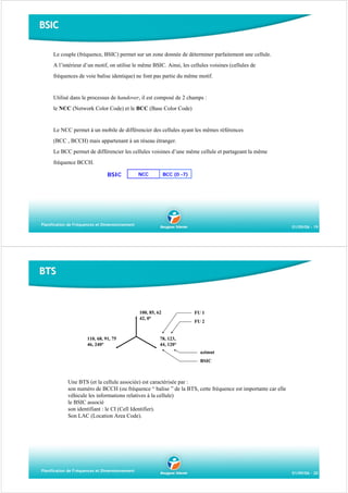 BSIC
Le couple (fréquence, BSIC) permet sur un zone donnée de déterminer parfaitement une cellule.
A l’intérieur d’un motif, on utilise le même BSIC. Ainsi, les cellules voisines (cellules de
fréquences de voie balise identique) ne font pas partie du même motif.

Utilisé dans le processus de handover, il est composé de 2 champs :
le NCC (Network Color Code) et le BCC (Base Color Code)

Le NCC permet à un mobile de différencier des cellules ayant les mêmes références
(BCC , BCCH) mais appartenant à un réseau étranger.
Le BCC permet de différencier les cellules voisines d’une même cellule et partageant la même
fréquence BCCH.
BSIC

NCC

BCC (0 -7)

Planification de Fréquences et Dimensionnement

01/09/06 - 19

BTS

100, 85, 62
42, 0°

110, 68, 91, 75
46, 240°

FU 1
FU 2

78, 123,
44, 120°
azimut
BSIC

Une BTS (et la cellule associée) est caractérisée par :
son numéro de BCCH (ou fréquence “ balise ” de la BTS, cette fréquence est importante car elle
véhicule les informations relatives à la cellule)
le BSIC associé
son identifiant : le CI (Cell Identifier).
Son LAC (Location Area Code).

Planification de Fréquences et Dimensionnement

01/09/06 - 20

 