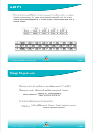 Motif 1*3
Attribution de listes de saut différentes pour les trois secteurs d’un site. Ces trois listes sont répétées à
l’identique sur l’ensemble des sites (chaque secteur de même orientation à la même liste de saut).
Pour éviter les collisions en adjacence sur les différents secteurs, la planification des MAIO se fait de
la manière suivante :

Secteur 1
Secteur 2
Secteur 3

TRX2
MAIO = 0
MAIO = 1
MAIO = 0

TRX3
MAIO = 2
MAIO = 3
MAIO = 2

TRX4
MAIO = 4
MAIO = 5
MAIO = 4

TRX5
MAIO = 6
MAIO = 7
MAIO = 6

secteur 1 838

841

844

847

850

853

856

859

862

865

868

871

874

877

880

883

secteur 2 839

842

845

848

851

854

857

860

863

866

869

872

875

878

881

884

secteur 3 840

843

846

849

852

855

858

861

864

867

870

873

876

879

882

885

Planification de Fréquences et Dimensionnement

01/09/06 - 43

Charge fréquentielle

Elle oriente les choix de la planification en saut de fréquences (motif 1*1, motif 1*3).
Elle donne une première indication sur la qualité du réseau en saut de fréquence.

Charge fréquentielle =

Nombre de TRX en saut de fréquences
Nombre de canaux de la liste de saut

De là, découle la définition de la probabilité de collision

Prob Collision =

Nombre de TRX en saut de fréquences × Taux d' occupation des ressources
Nombre de canaux de la liste de saut

Planification de Fréquences et Dimensionnement

01/09/06 - 44

 